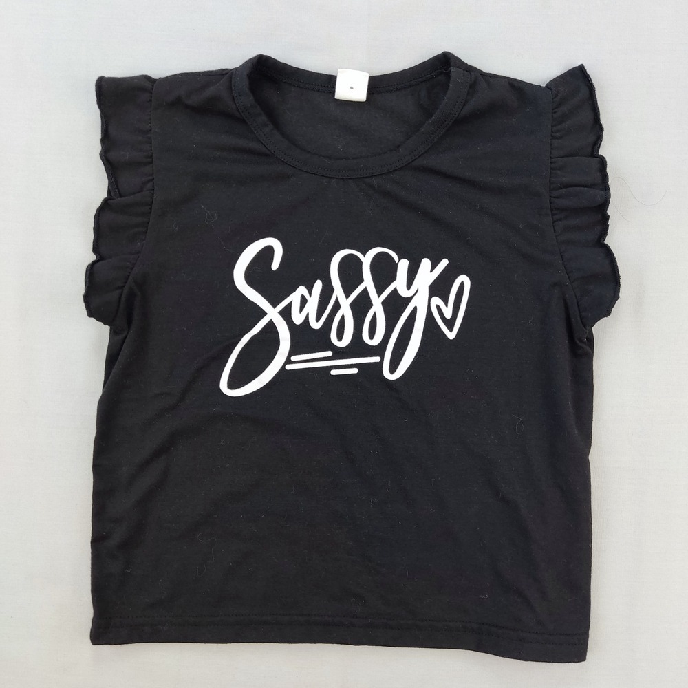 SHEIN Top Girls 5T Black Sassy Graphic Ruffle Sleeve Sleeveless Crew Neck Tee